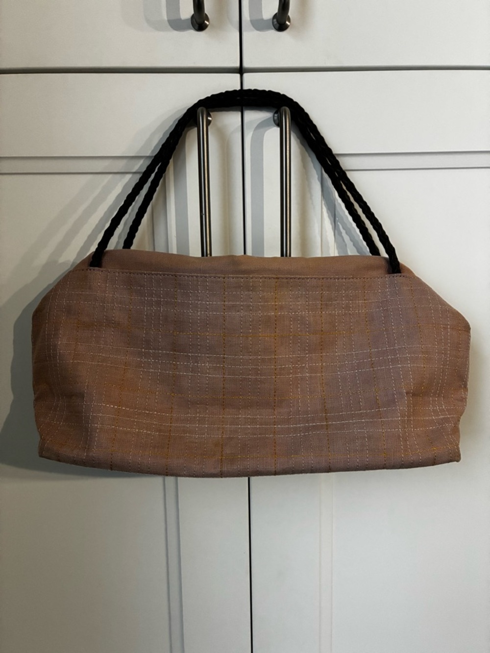 Burberry Dusty Pink Plaid Fabric Tote with Black Trim